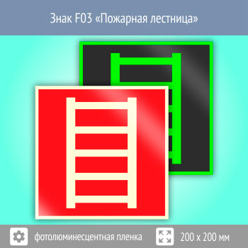Знак F03 «Пожарная лестница» (фотолюминесцентная пленка, 200х200 мм)